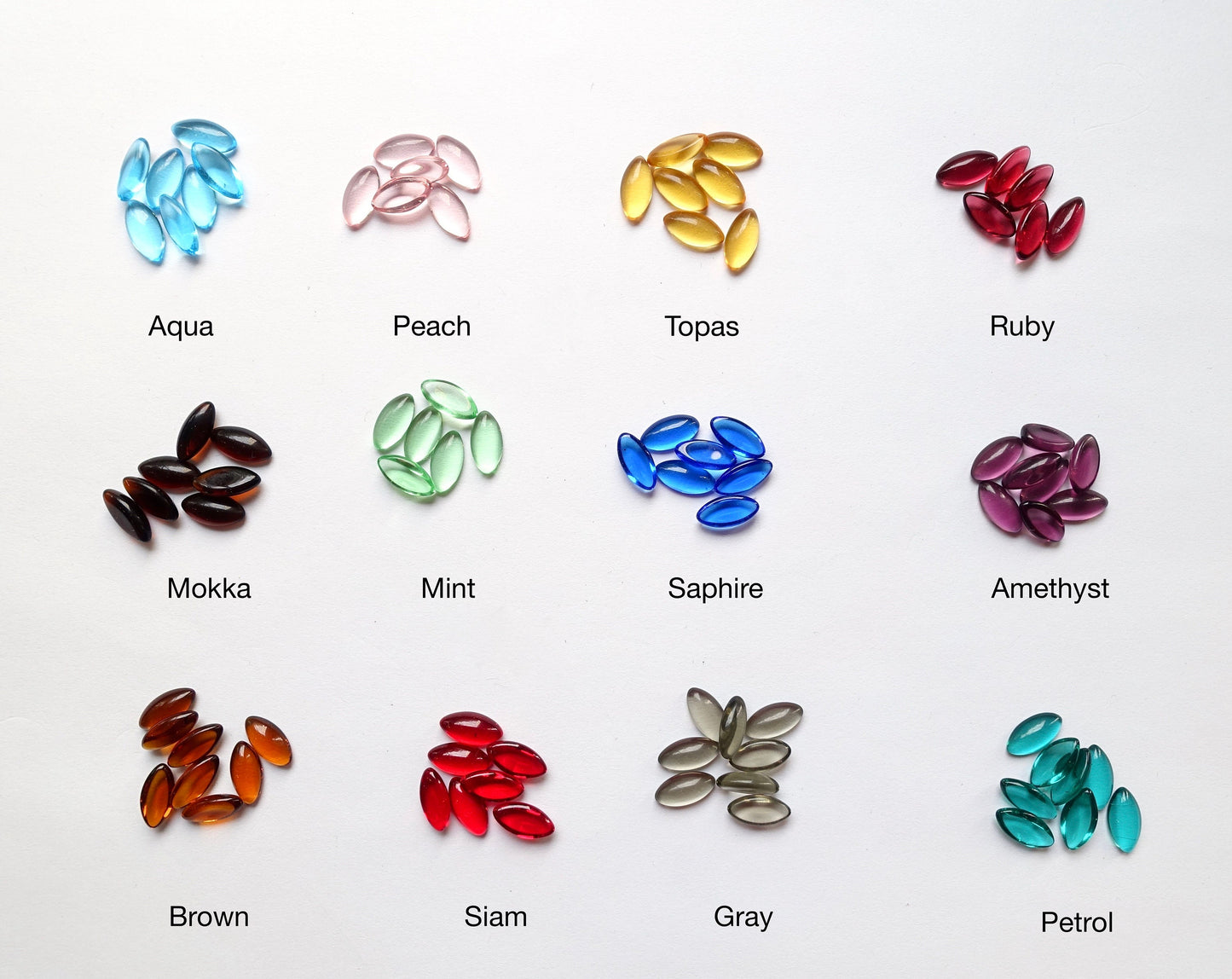 36 cabochons Navette 10x5mm transparent bunt mix