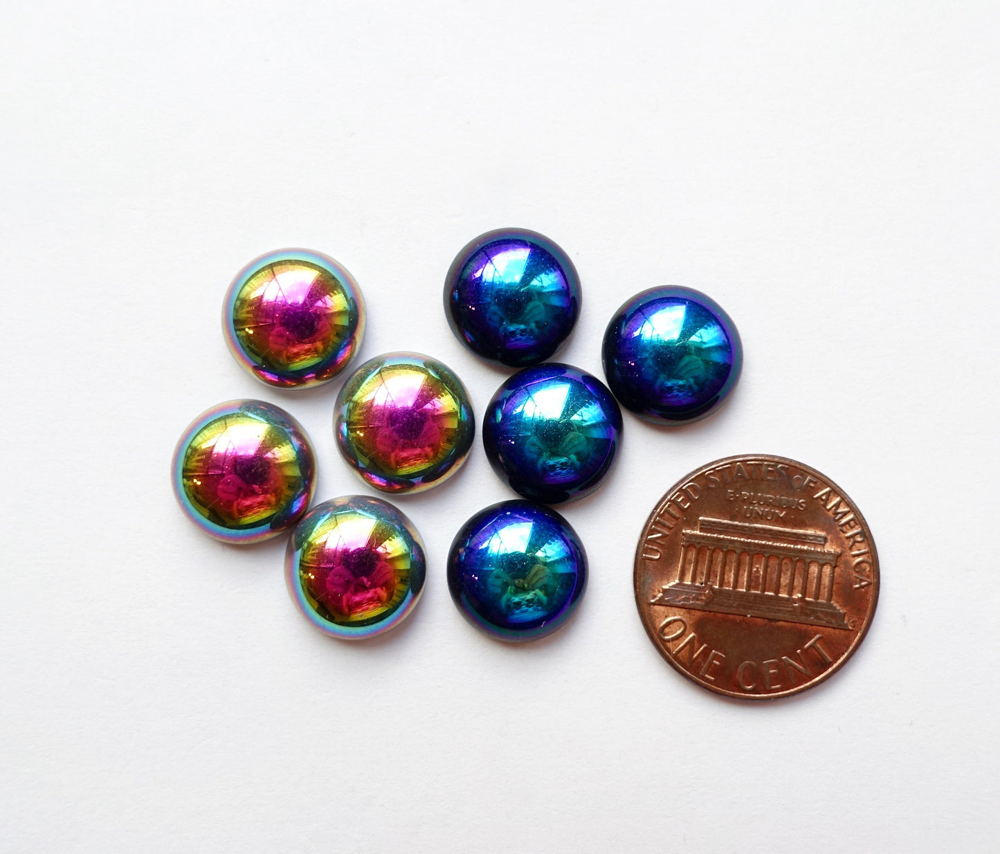 8 cabochons 11mm rund blau pink aurora borealis