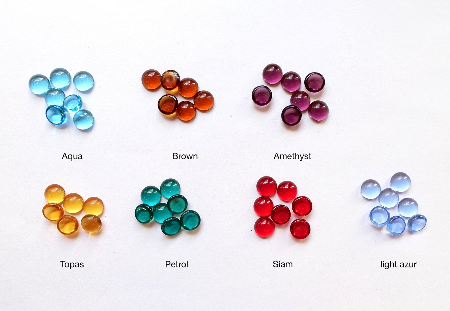 30 Cabochons 7mm rund transparent bunt mix