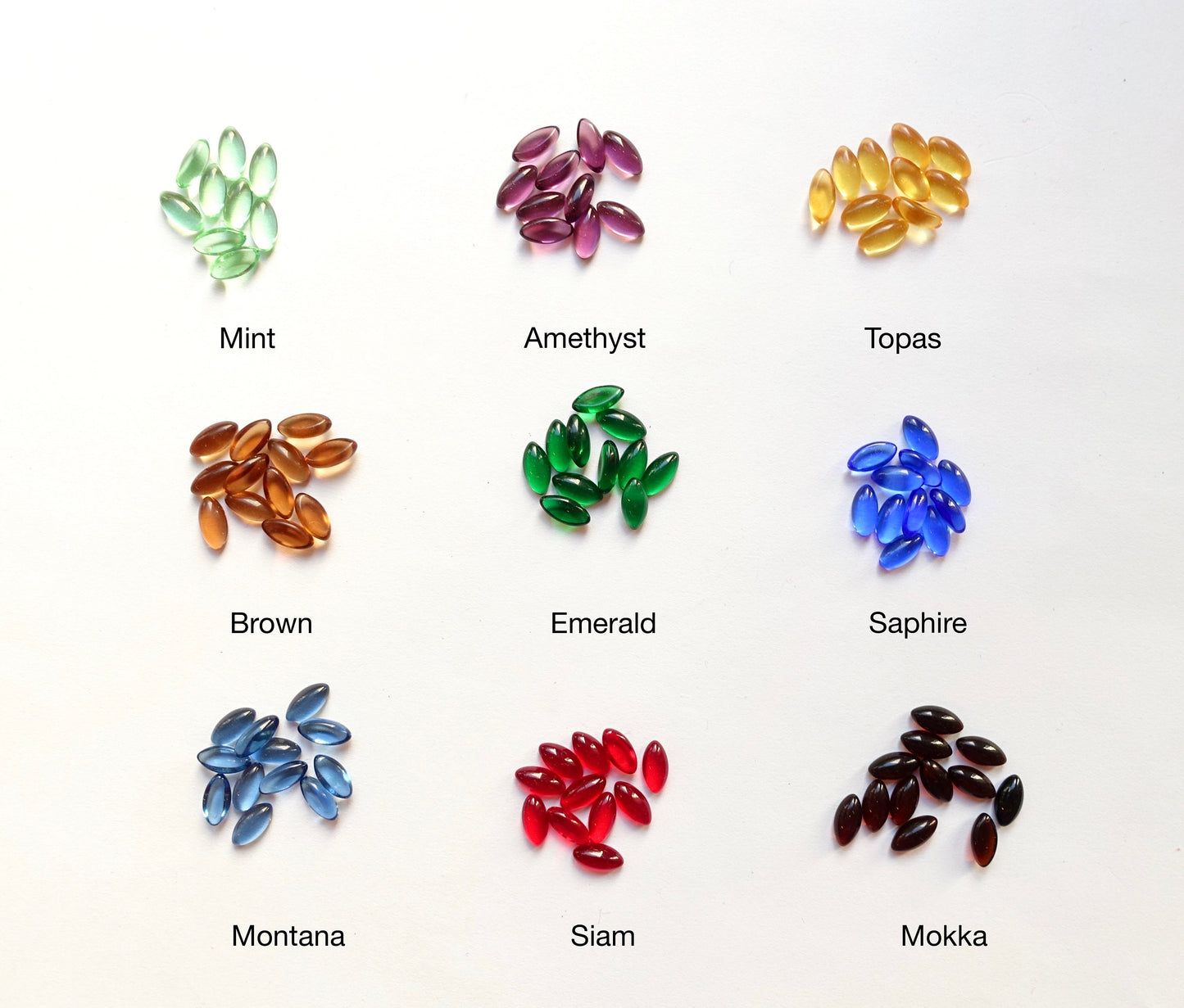 48 cabochons Navette 8x4mm transparent bunt mix